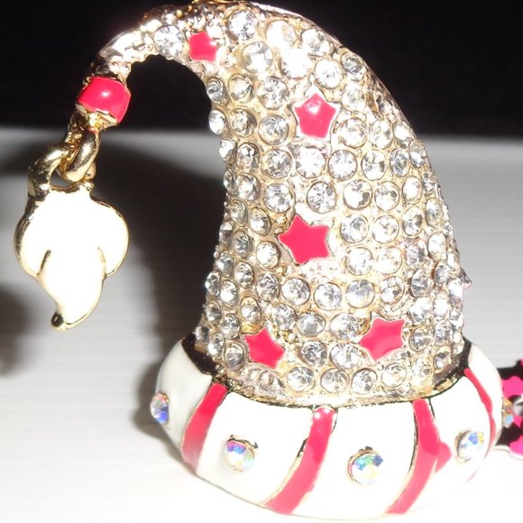 SANTA HAT CHRISTMAS Pin or Pendant CRYSTAL with ENAMEL Accents Boxed - Picture 2 of 4
